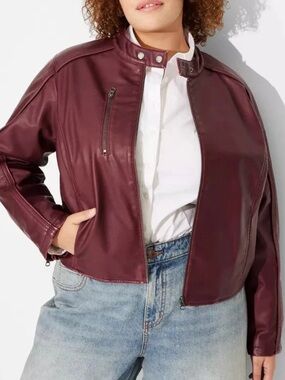 wild fable Women's Burgundy Faux Leather Moto Jacket
